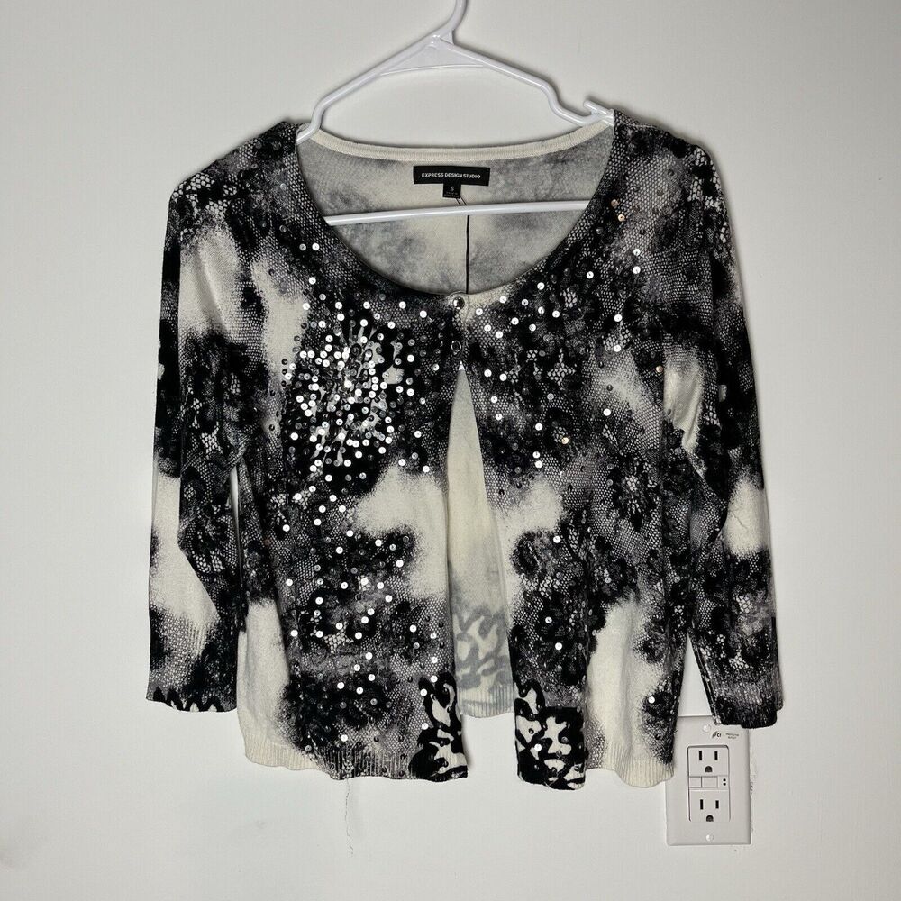 Nwt‎ Express Design Studio Floral Sequins Cardigan Small White Black​